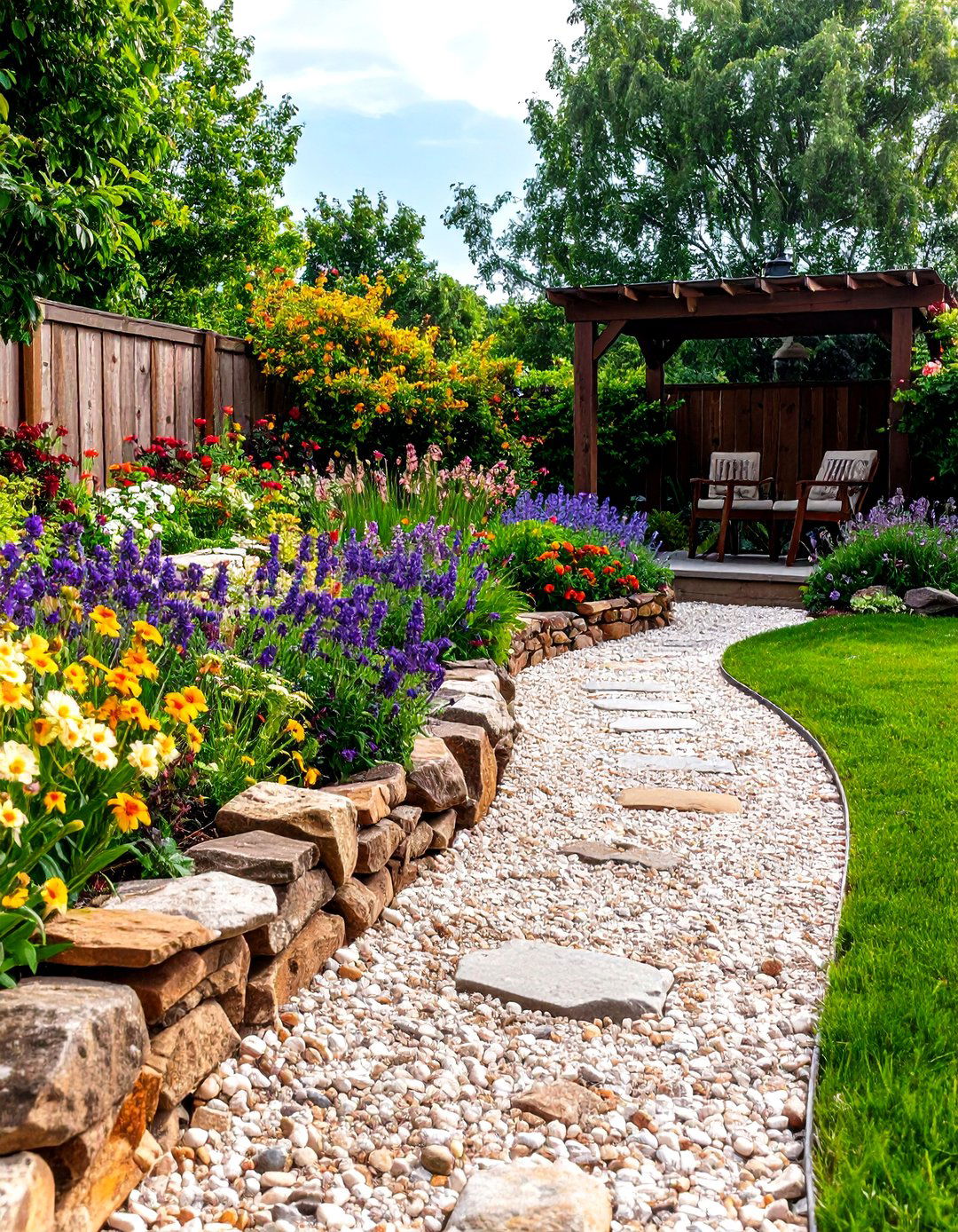Pea Gravel Patio with a Rustic Stone Wall - 30 pea gravel patio ideas