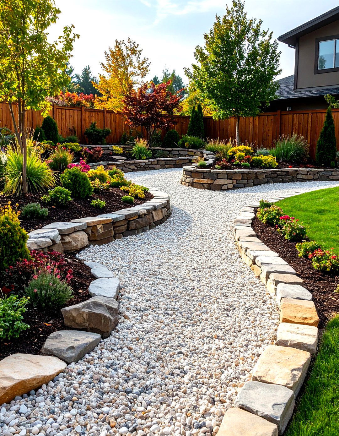 Pea Gravel Terrace on a Slope - 30 pea gravel landscaping ideas