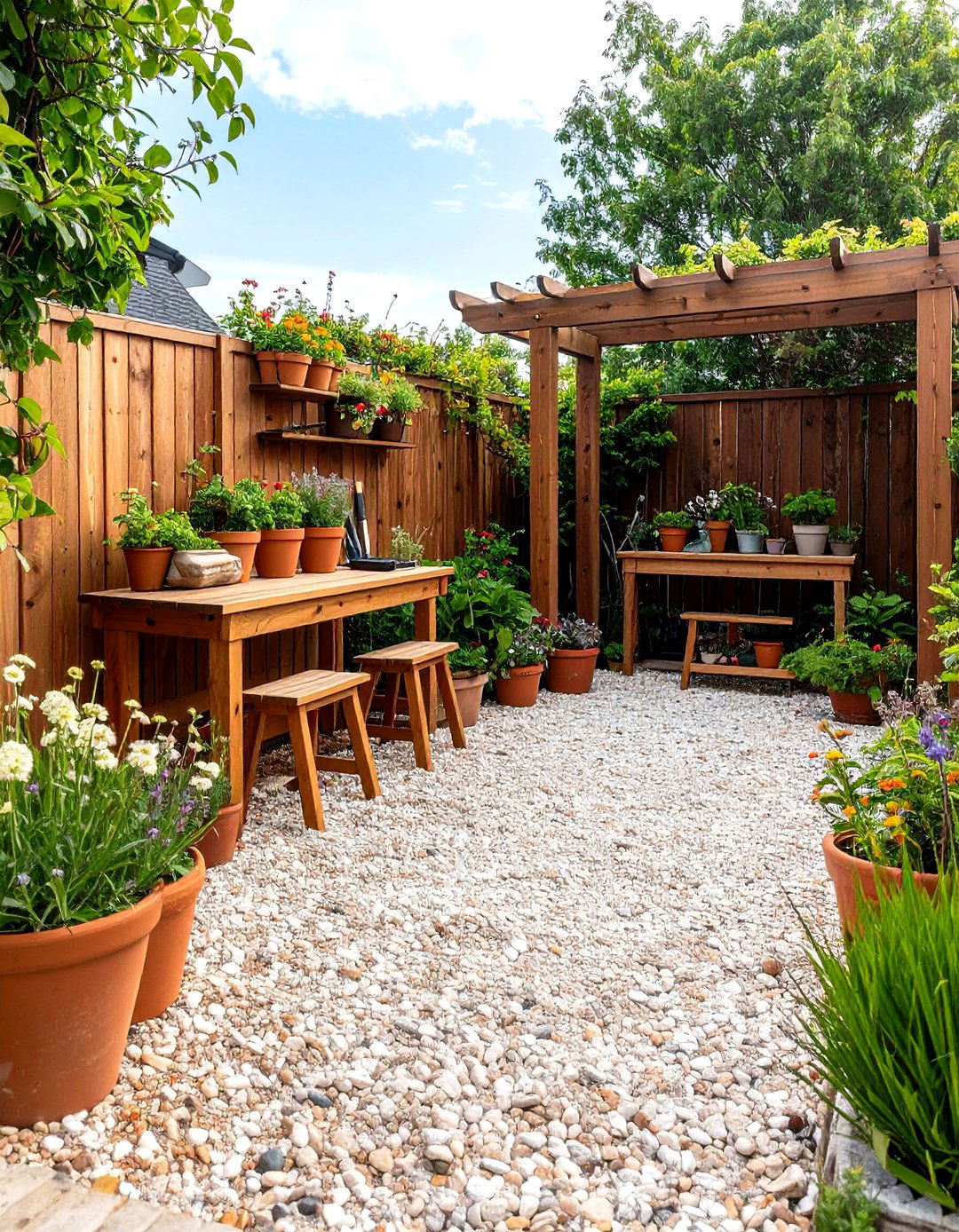 Pea Gravel Utility Area for Potting and Storage - 30 pea gravel patio ideas
