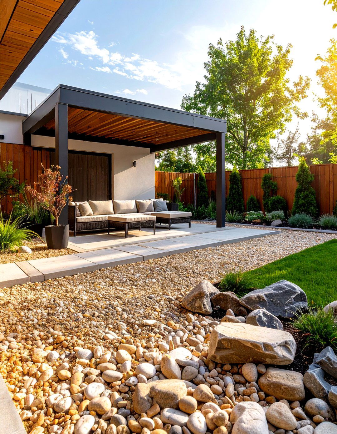 Pea Gravel with Gabion Wall Accents - 30 pea gravel landscaping ideas
