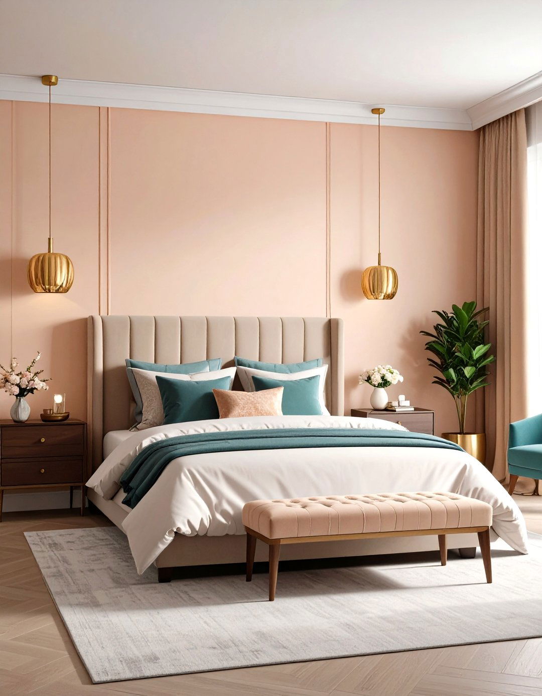 Peach Fuzz Accent Wall in a Transitional Bedroom - 30 accent wall color ideas