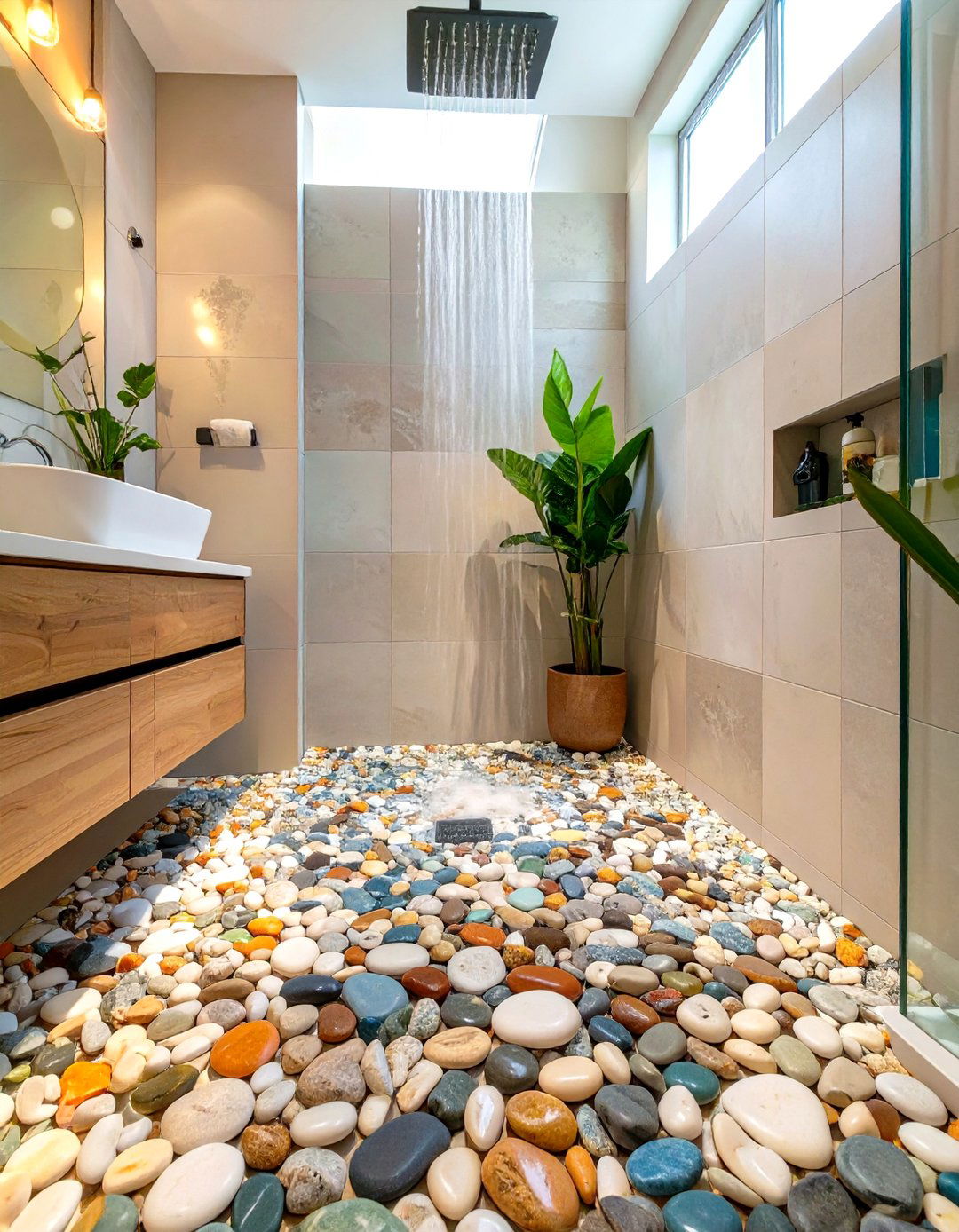 Pebble Mosaic Shower Floor - 30 washroom and bathroom tiles design ideas