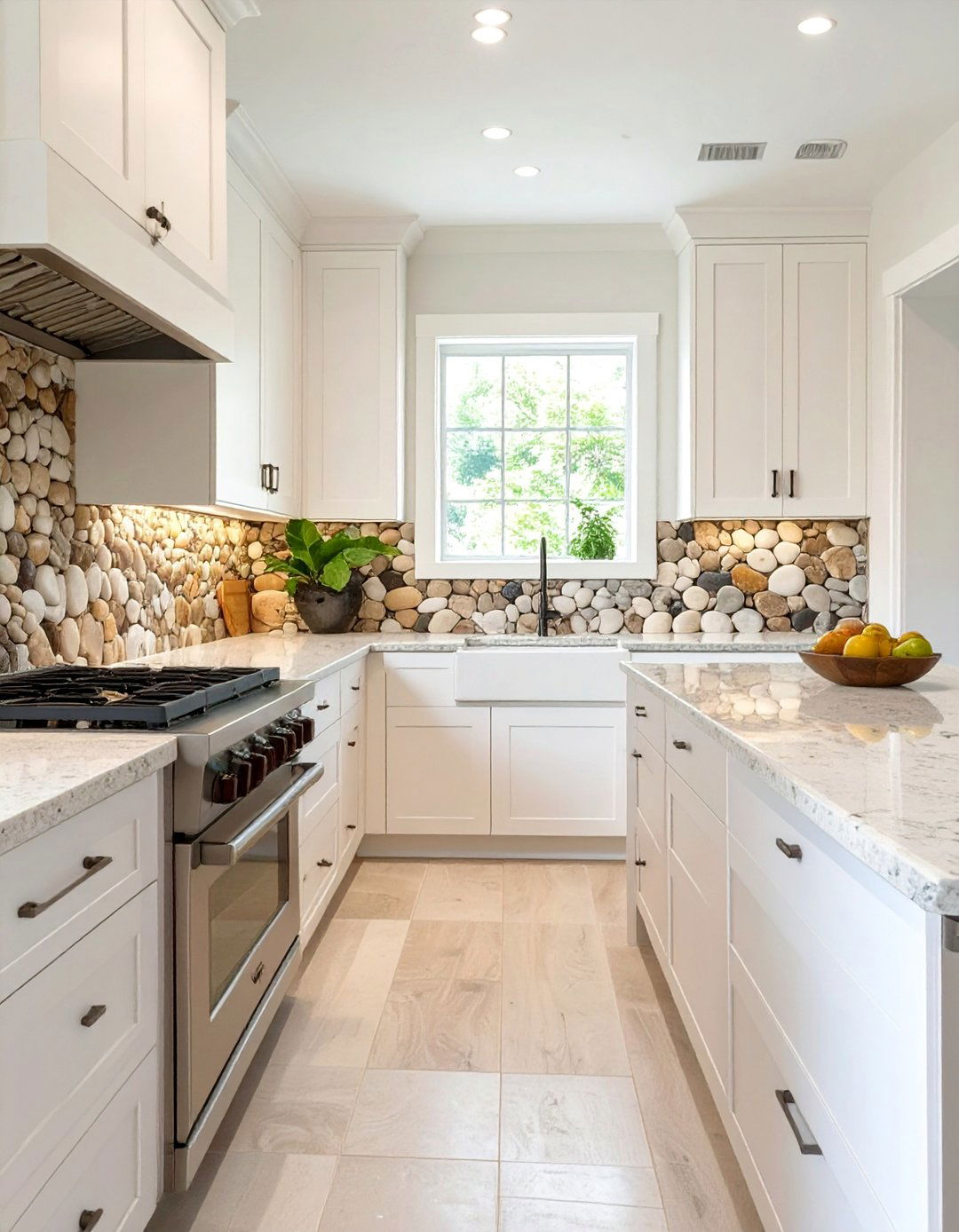 Pebble Tile Backsplash - 30 backsplash ideas for white cabinets and quartz countertops