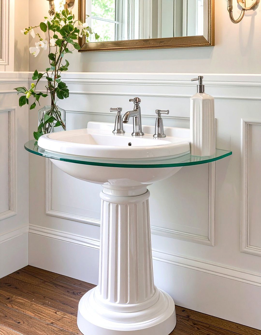 Pedestal Sink with a Wrap Around Shelf - 30 vanity ideas