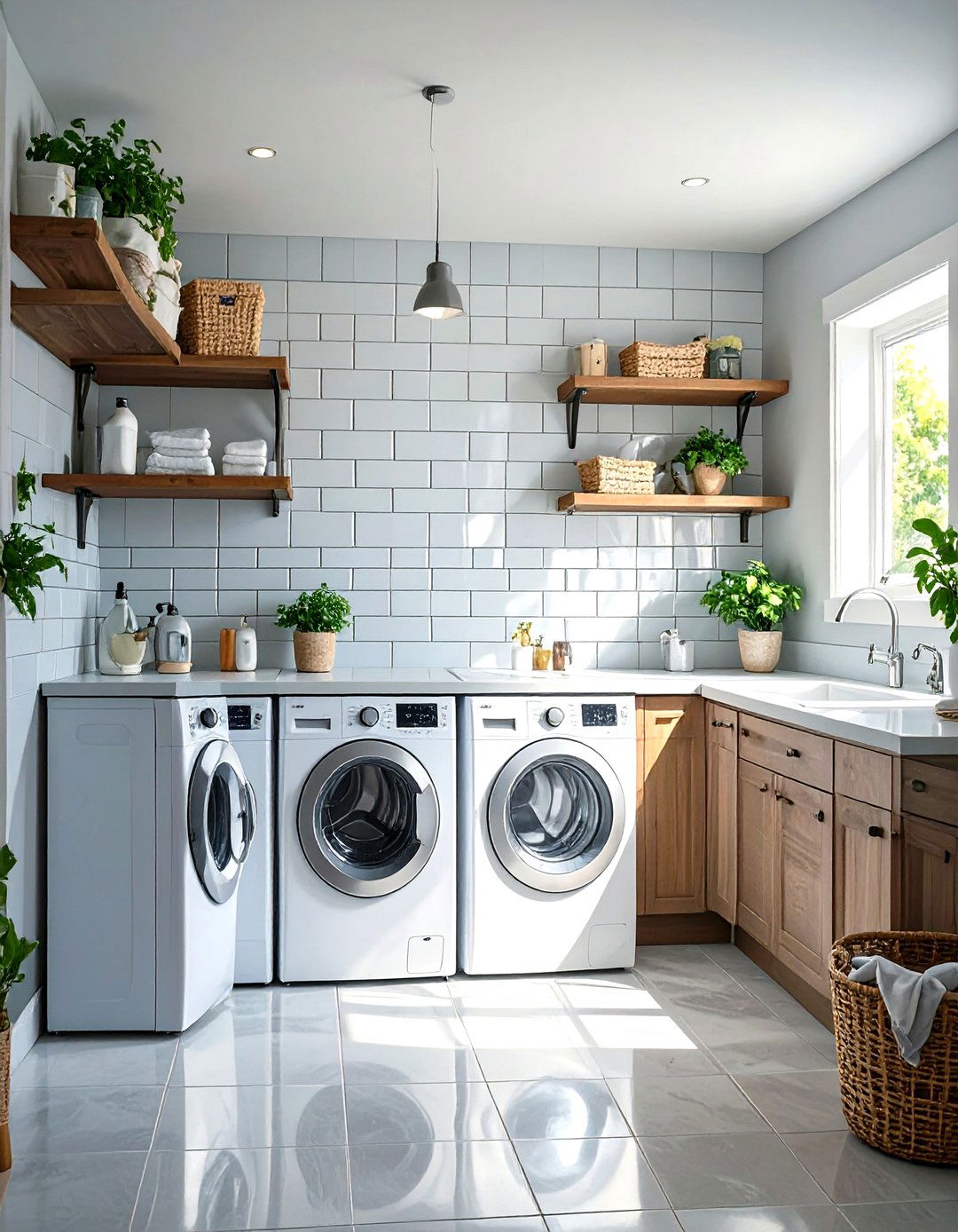 Peel and Stick Backsplash Behind the Machines - 30 unfinished basement laundry room ideas
