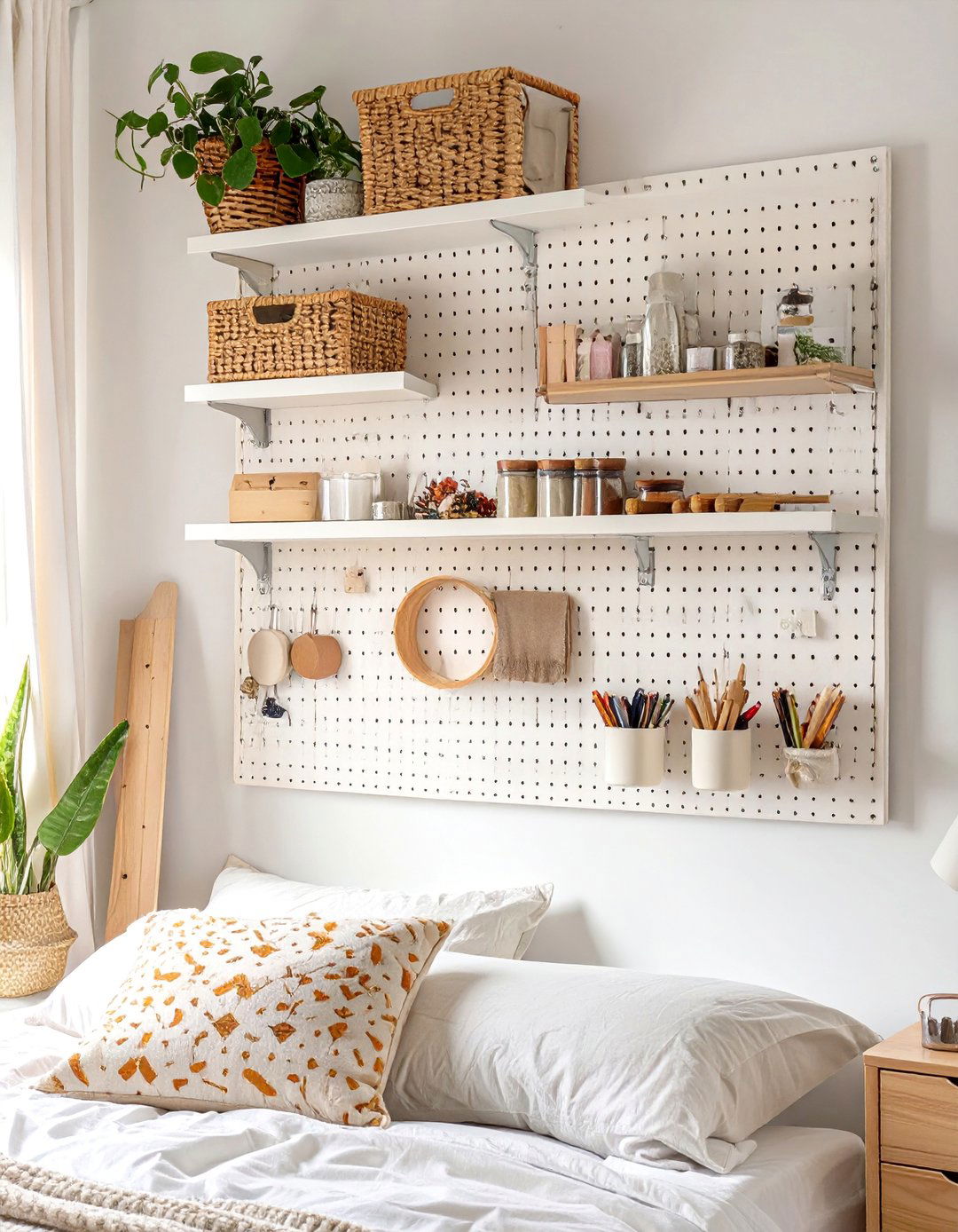 Pegboard Bedroom Wall Organizer with Shelves - 30 bedroom shelf ideas
