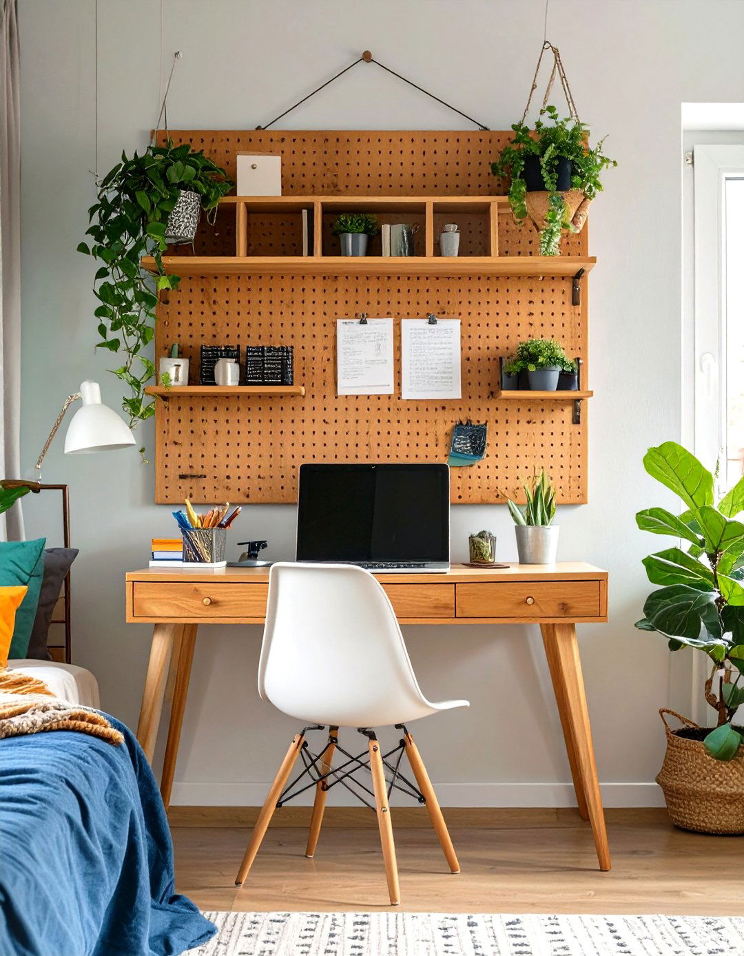 Pegboard Wall Organizer Above a Small Desk - 30 small bedroom office combo ideas