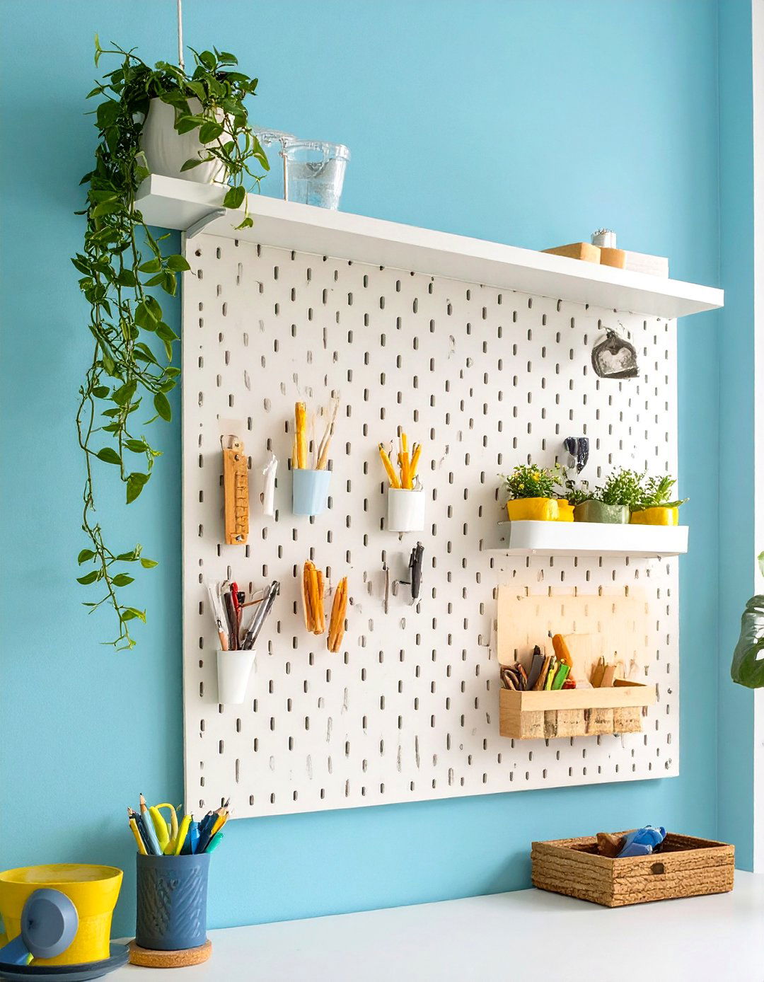 Pegboard Wall Organizer in a Small Office - 30 small office decor ideas for work