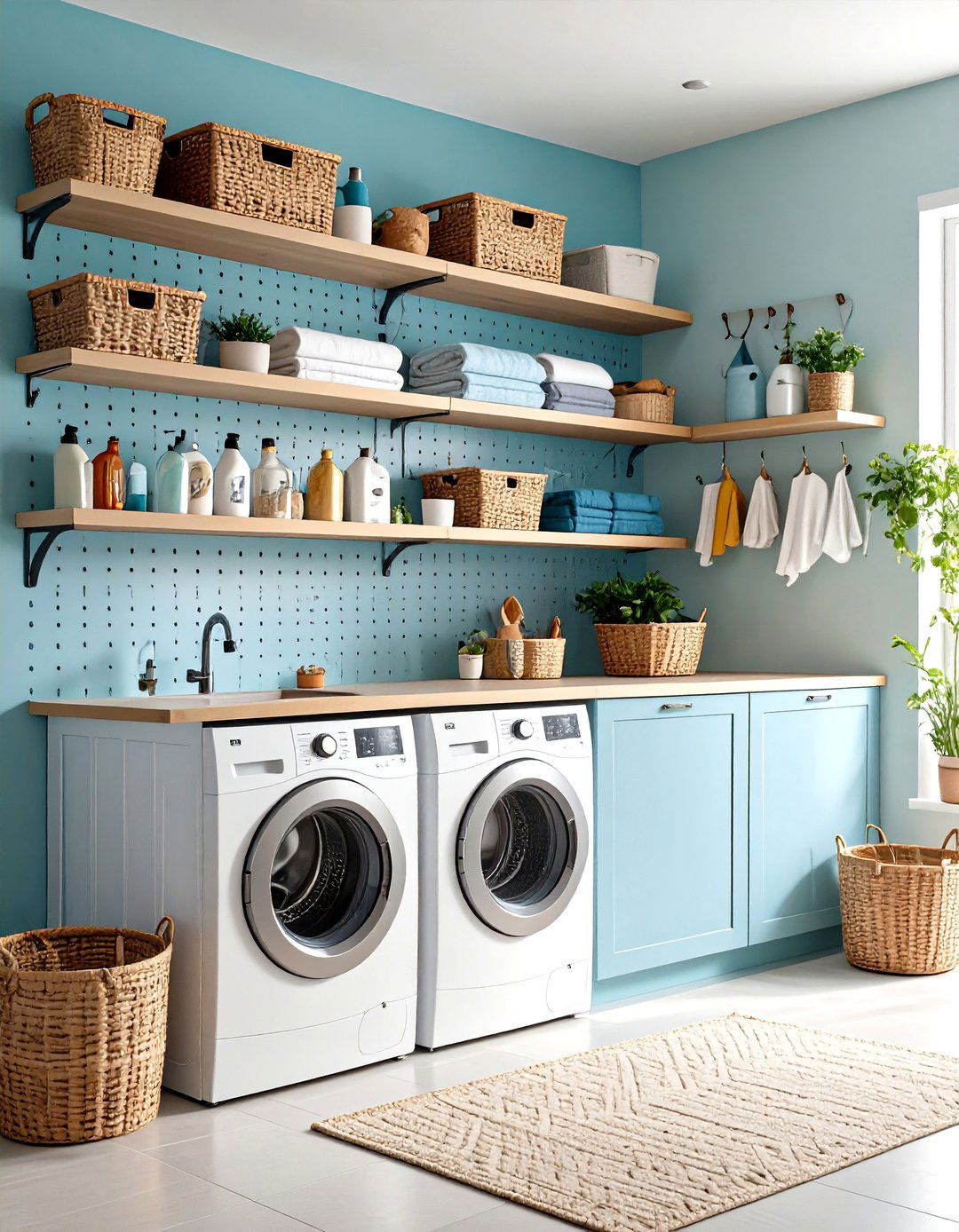 Pegboard Wall with Adjustable Laundry Room Shelves - 30 laundry room shelves ideas