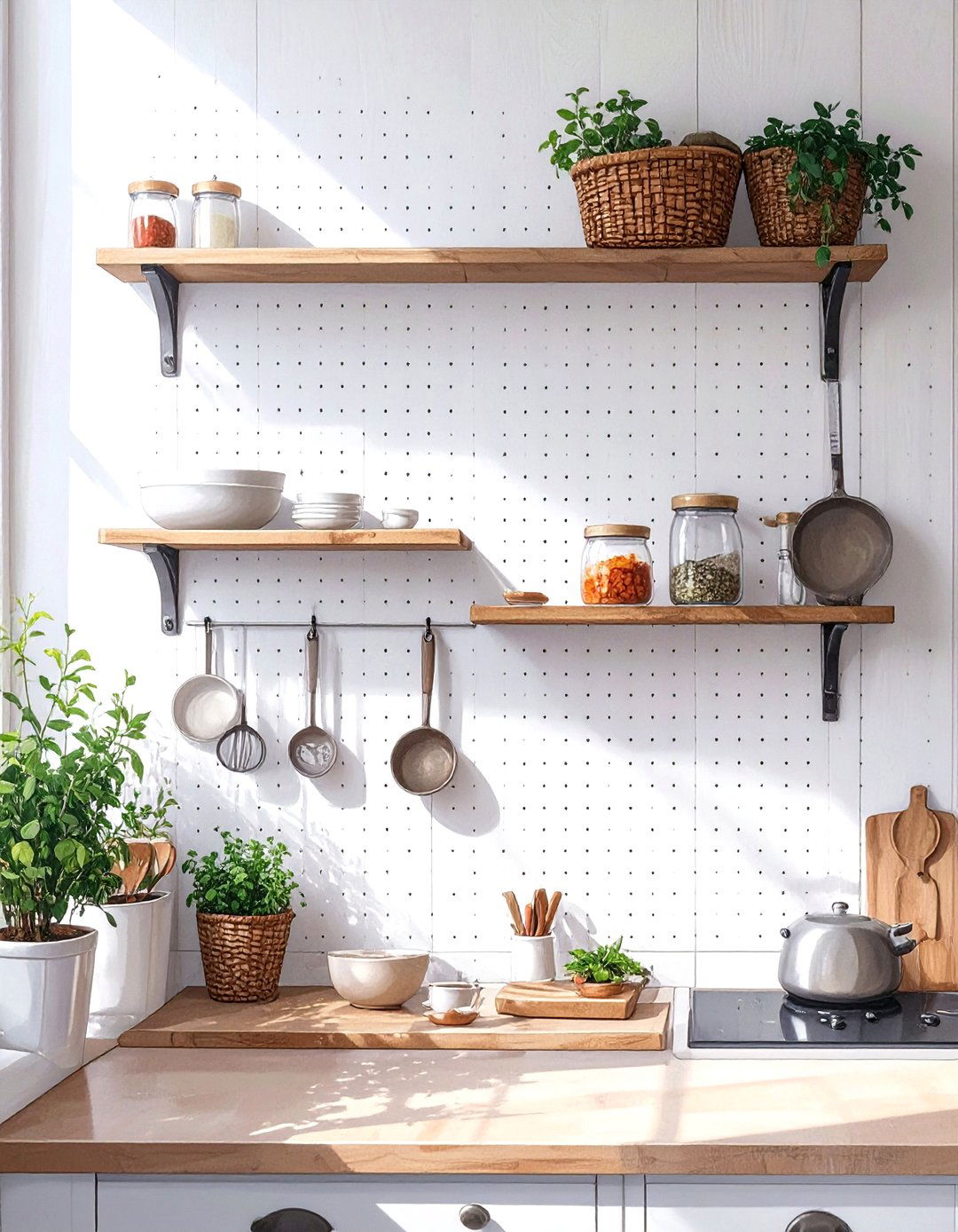 Pegboard Wall with Adjustable Shelves - 30 small kitchen shelf ideas
