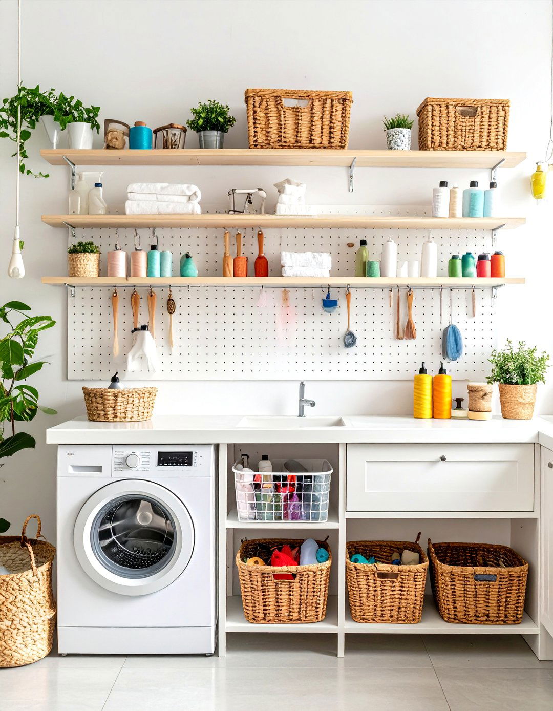 Pegboard Wall with Adjustable Shelves - 30 laundry shelf ideas
