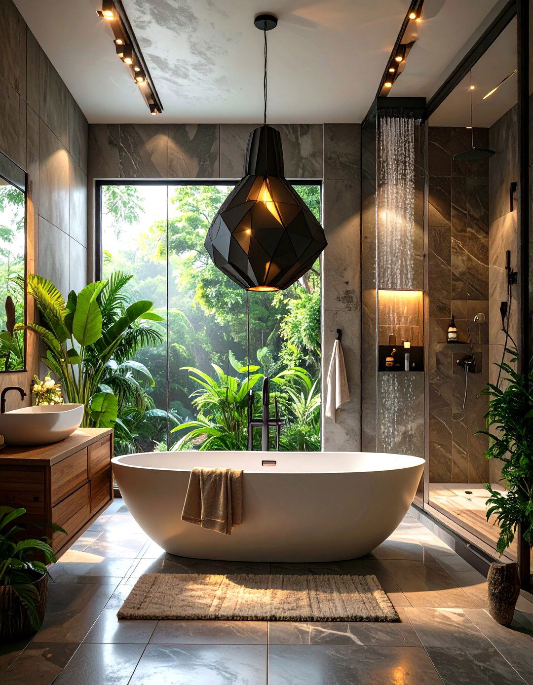 Pendant Light Outside a Freestanding Tub Shower - 30 shower lighting ideas