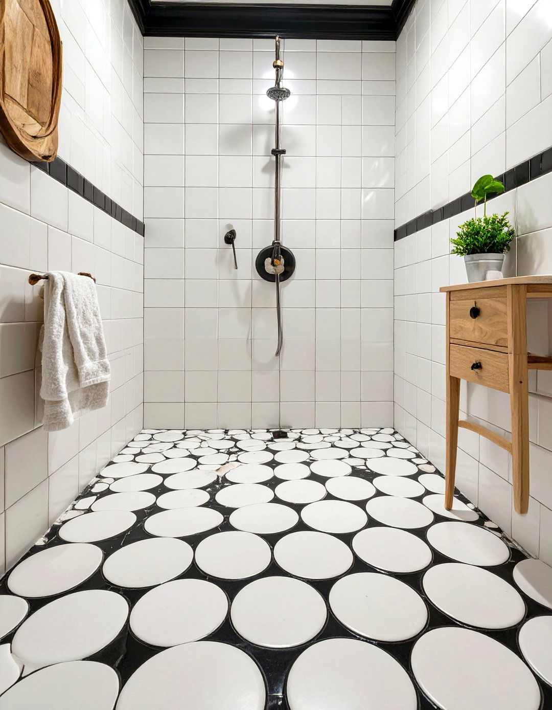 Penny Tile Shower Floor with Contrasting Grout - 30 tiled shower ideas