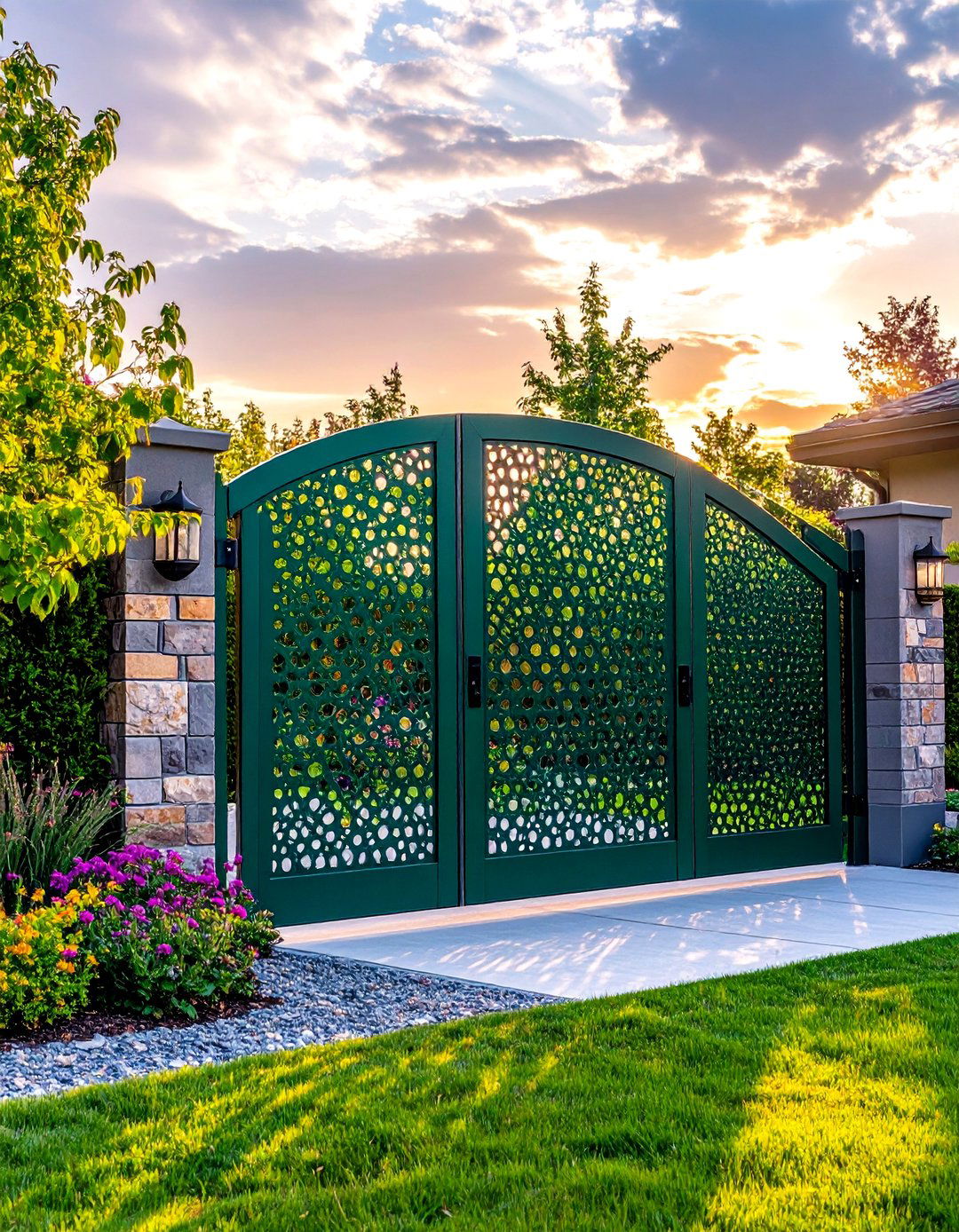 Perforated Metal Screen Fence with a Pivot Gate - 30 front yard fence ideas with gate