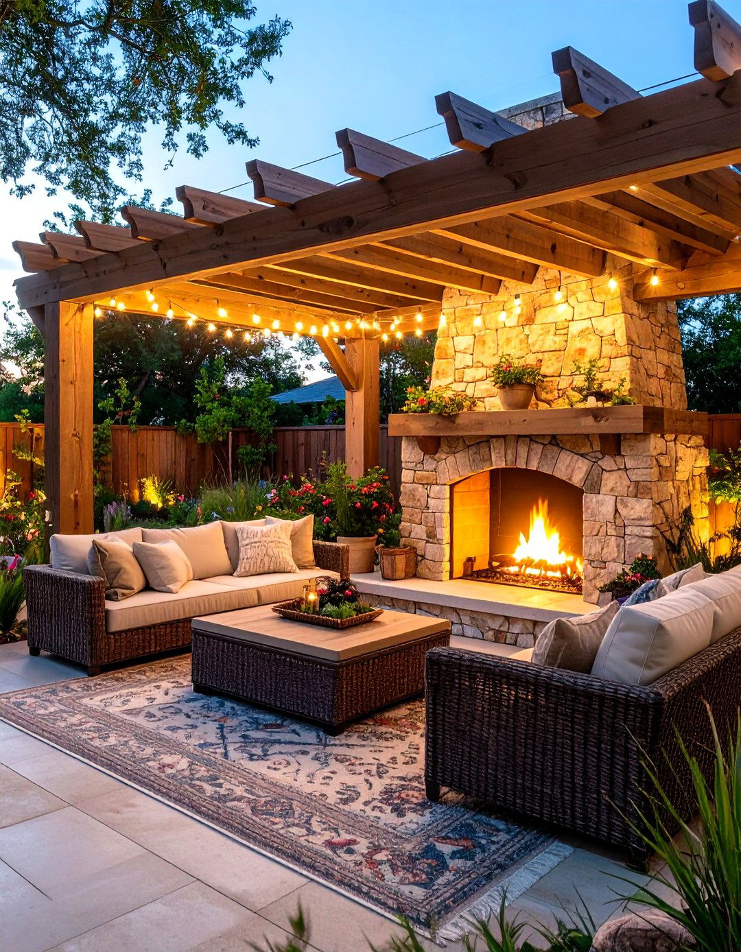 Pergola Covered Fireplace Lounge - 30 backyard fireplace ideas