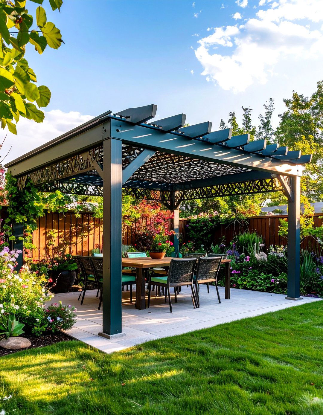 Pergola with Decorative Metal Panels - 30 outdoor pergola ideas