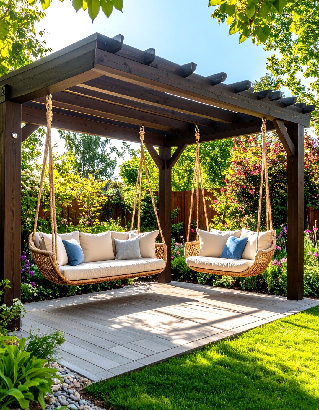 Pergola with Hanging Swing Seats - 30 outdoor seating ideas