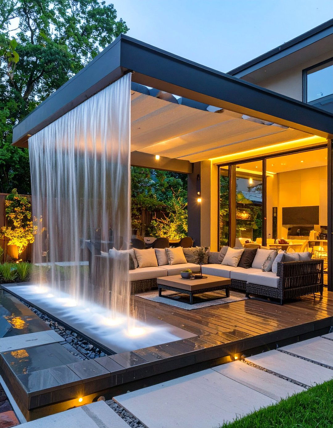 Pergola with Integrated Rain Curtain - 30 backyard waterfall ideas