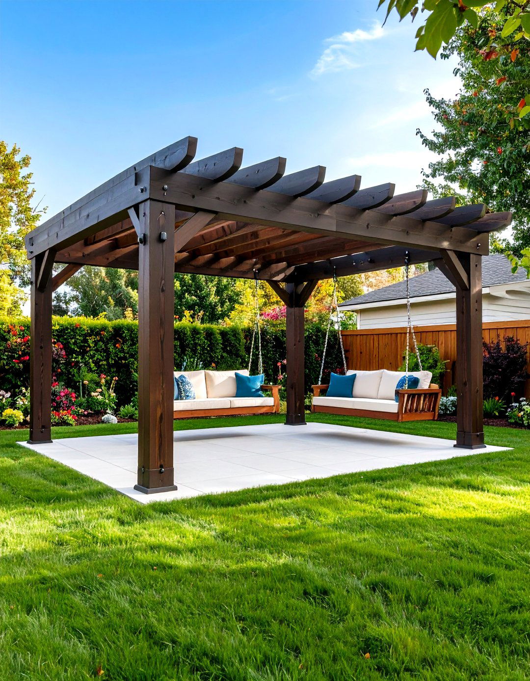 Pergola with Swing Benches or Chairs - 30 outdoor pergola ideas