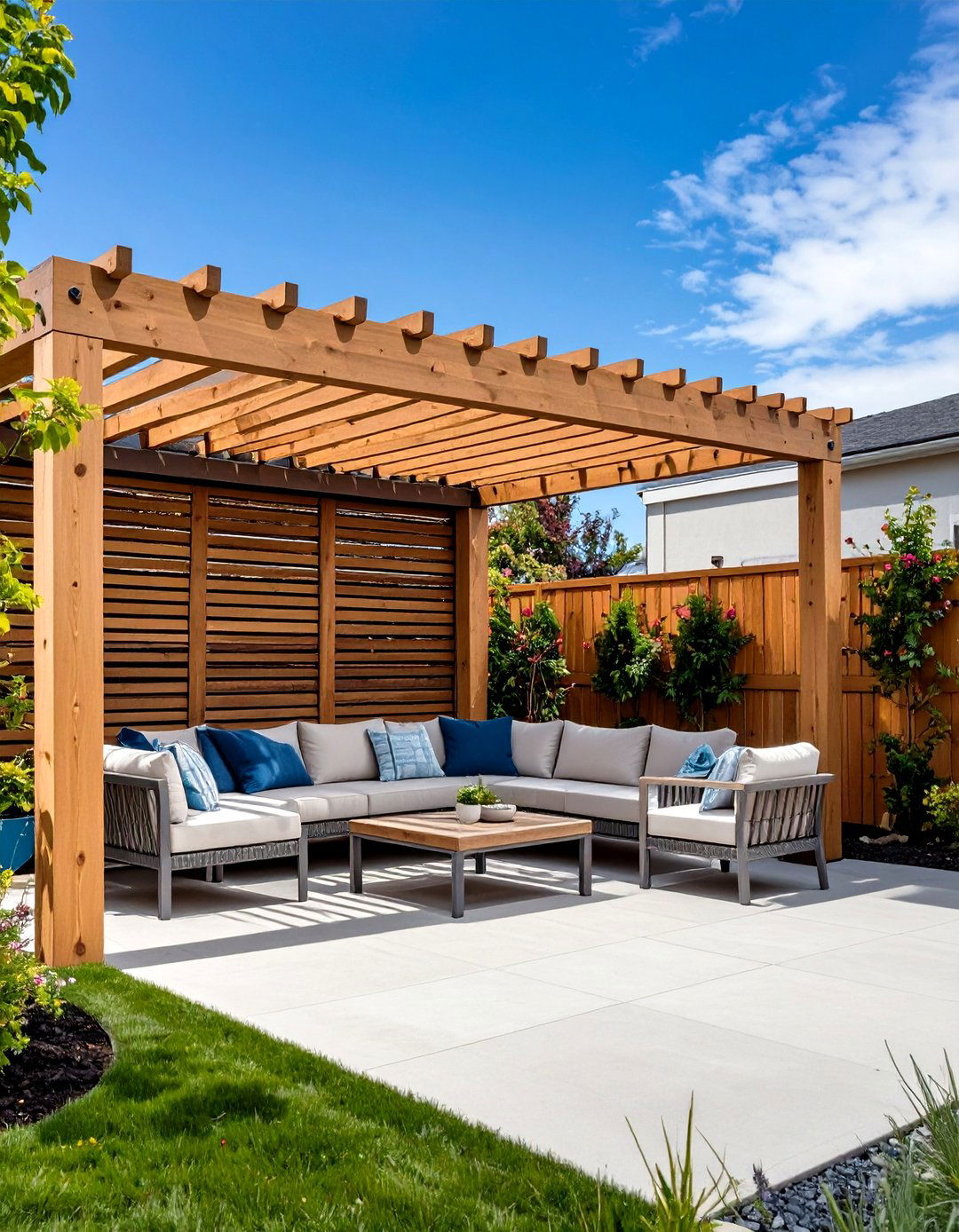 Pergola with a Privacy Wall - 30 pergola backyard patio ideas