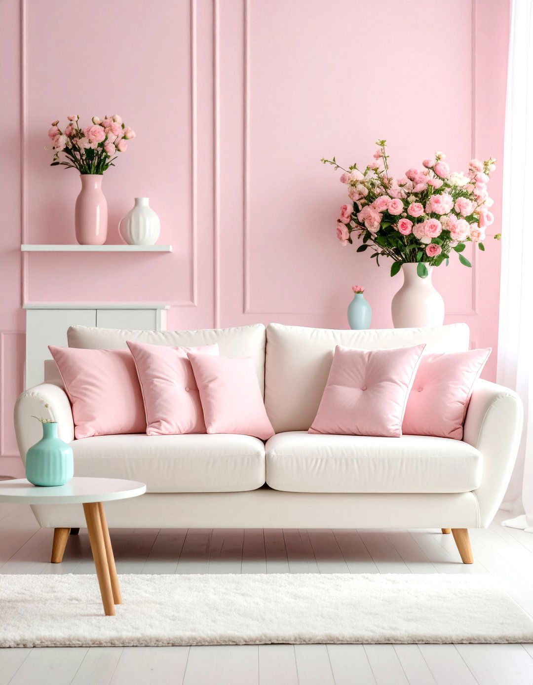 Petal Pink and Mint Green Accents - 30 pink living room ideas