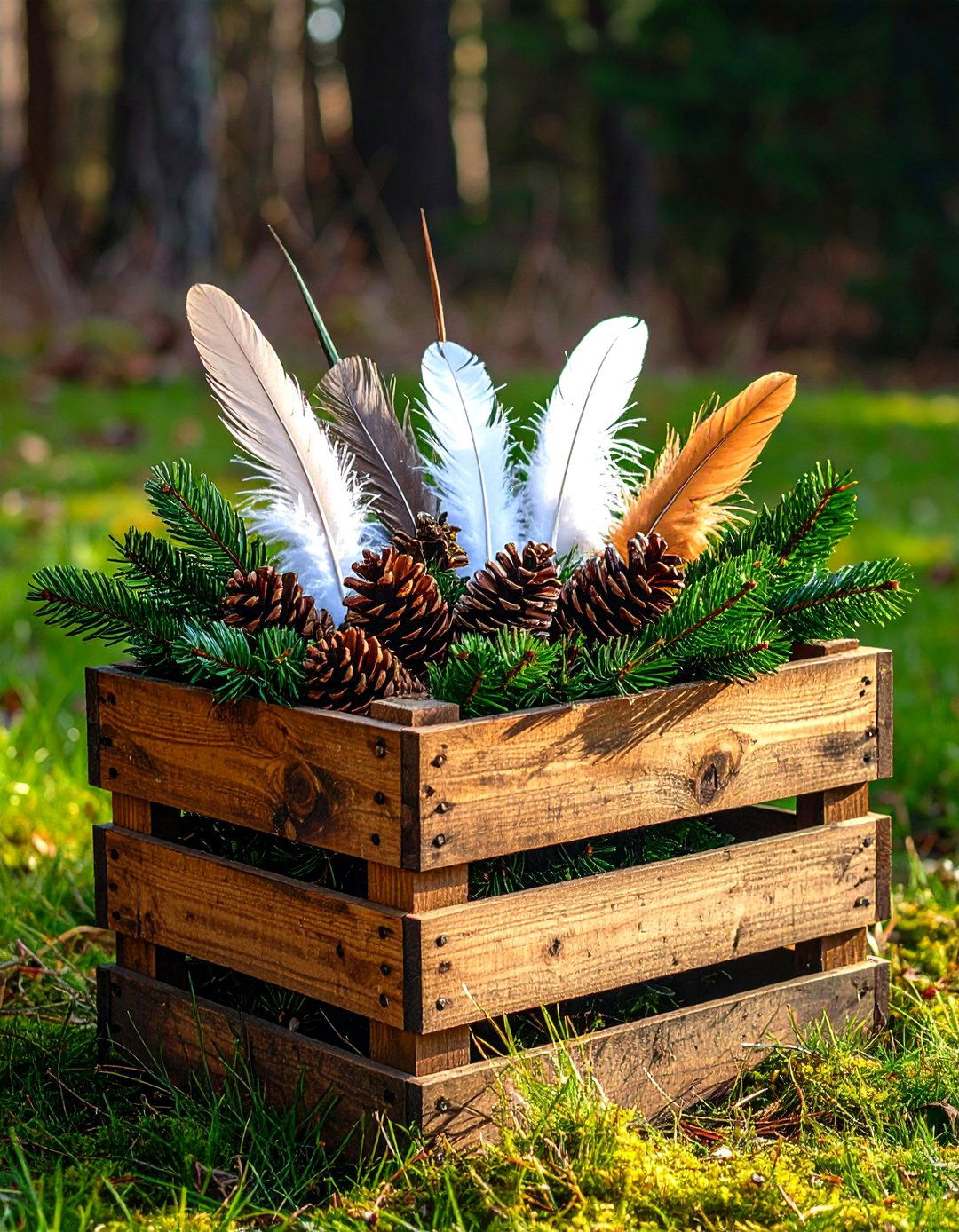 Pheasant Feather and Pine Winter Planter - 30 outdoor winter planter ideas