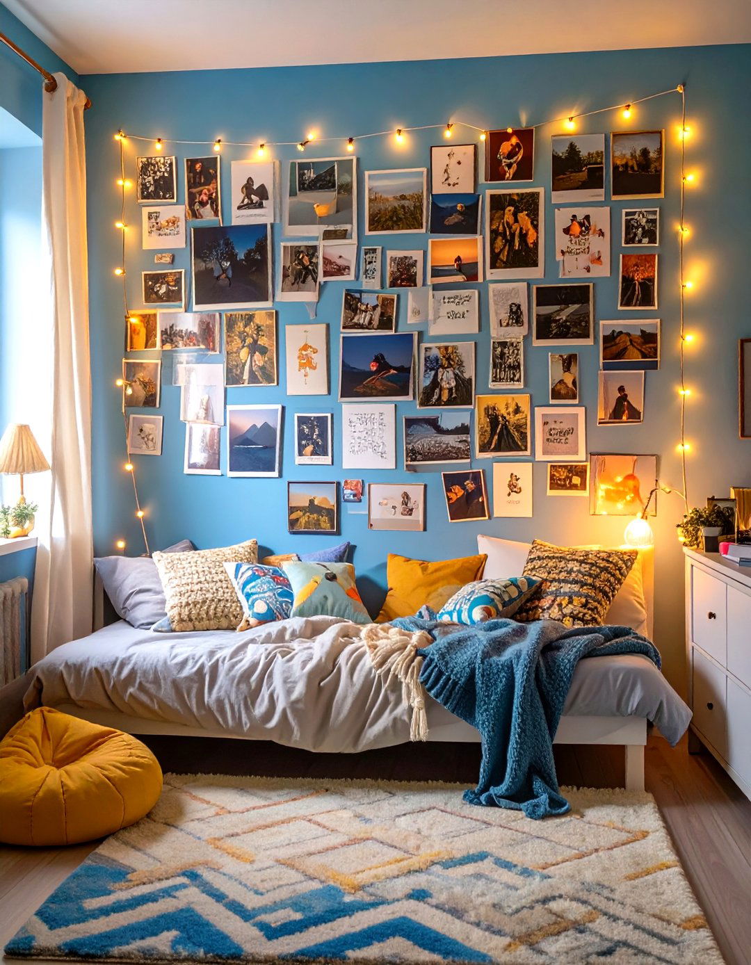 Photo Collage Wall with Fairy Lights - 30 teen room inspo ideas