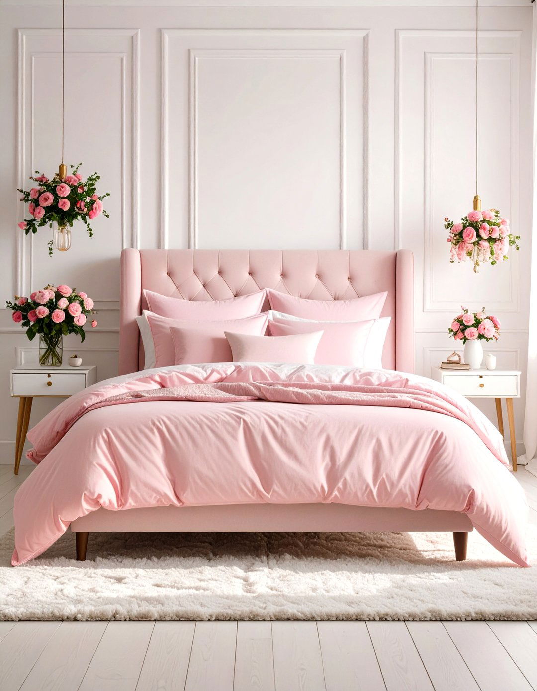 Pink Bedding in a Monochromatic White Room - 30 pink bedroom ideas