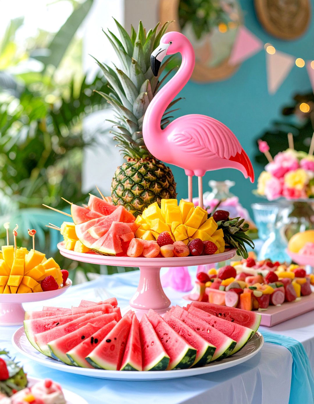 Pink Flamingo Tropical Fruit Display - 30 baby shower food ideas girl