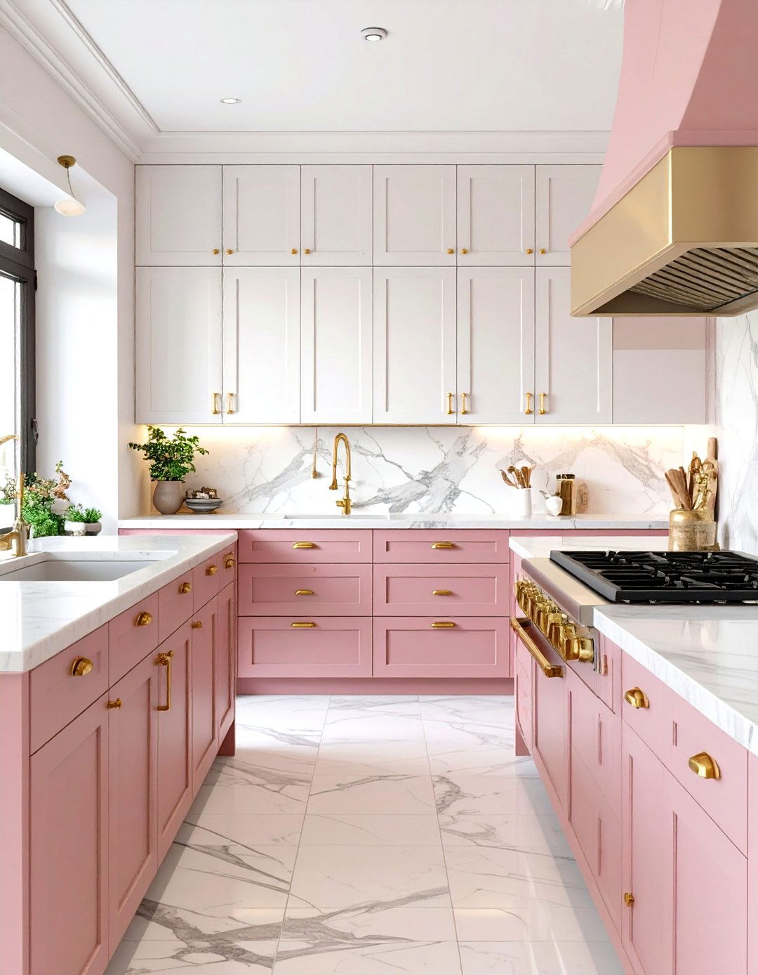 Pink Lowers and White Upper Cabinets - 30 two tone painted kitchen cabinet ideas