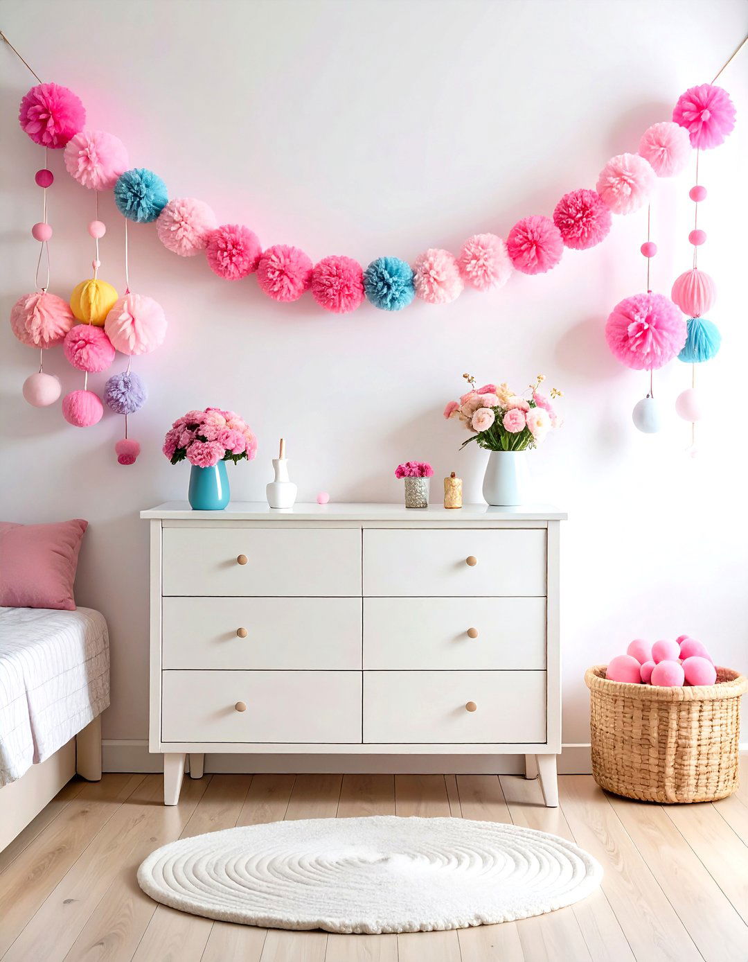 Pink Pom Pom Garland - 30 pink dorm room ideas