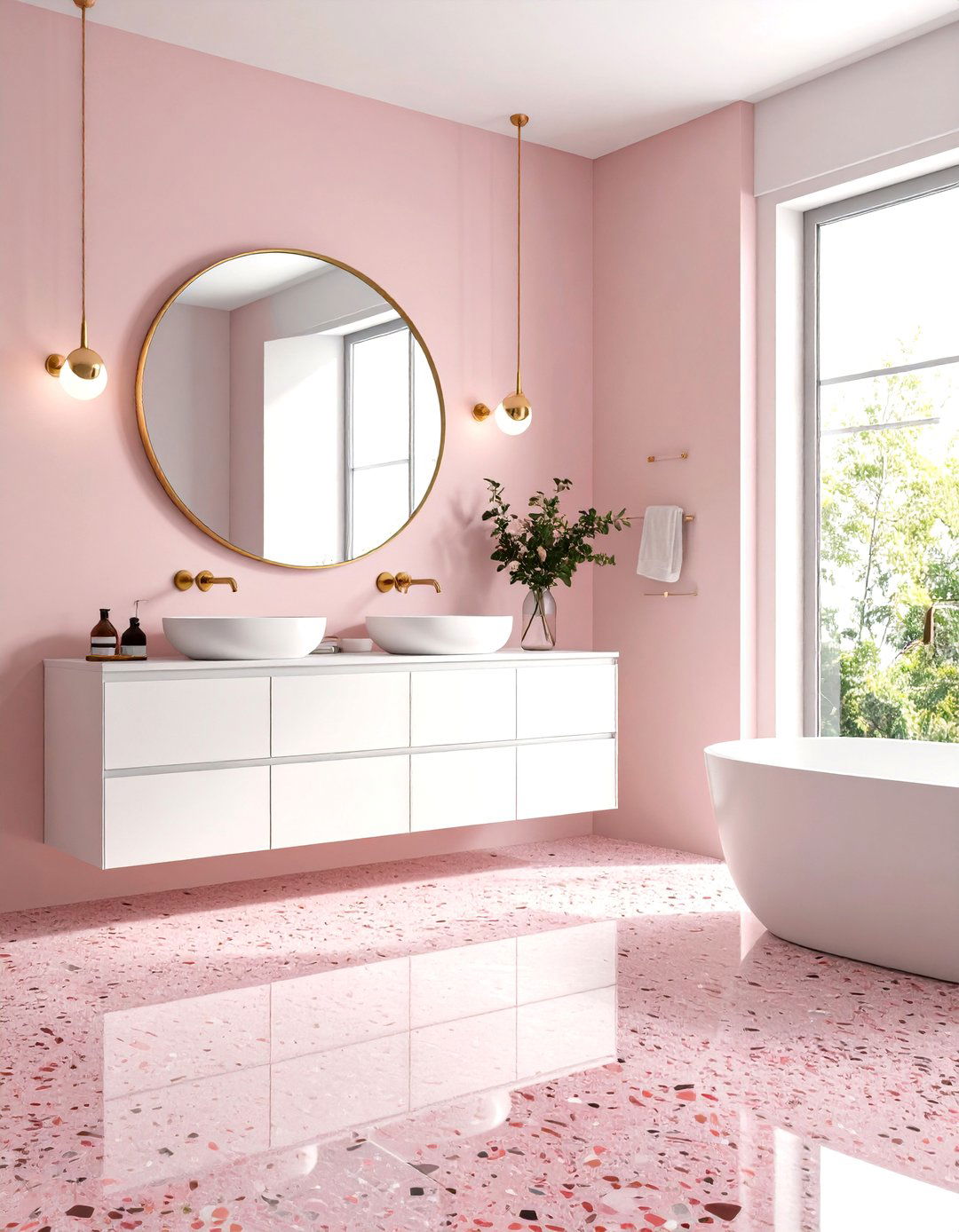 Pink Terrazzo Floors and Walls - 30 pink bathroom ideas