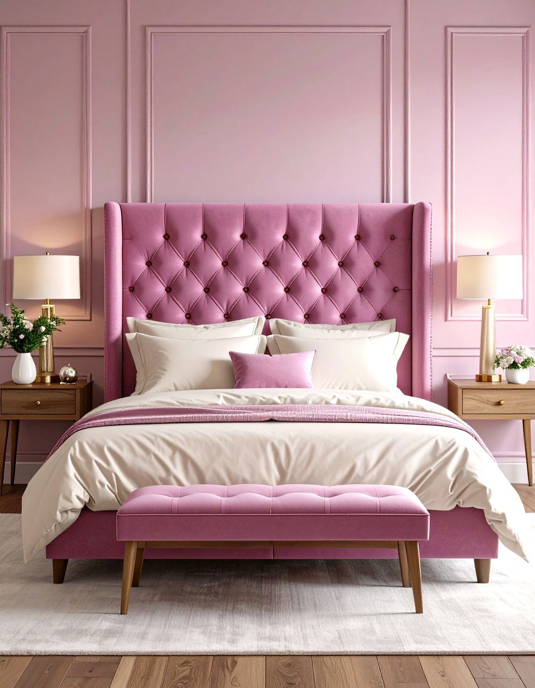 Pink Velvet Upholstered Headboard - 30 pink bedroom ideas for adults
