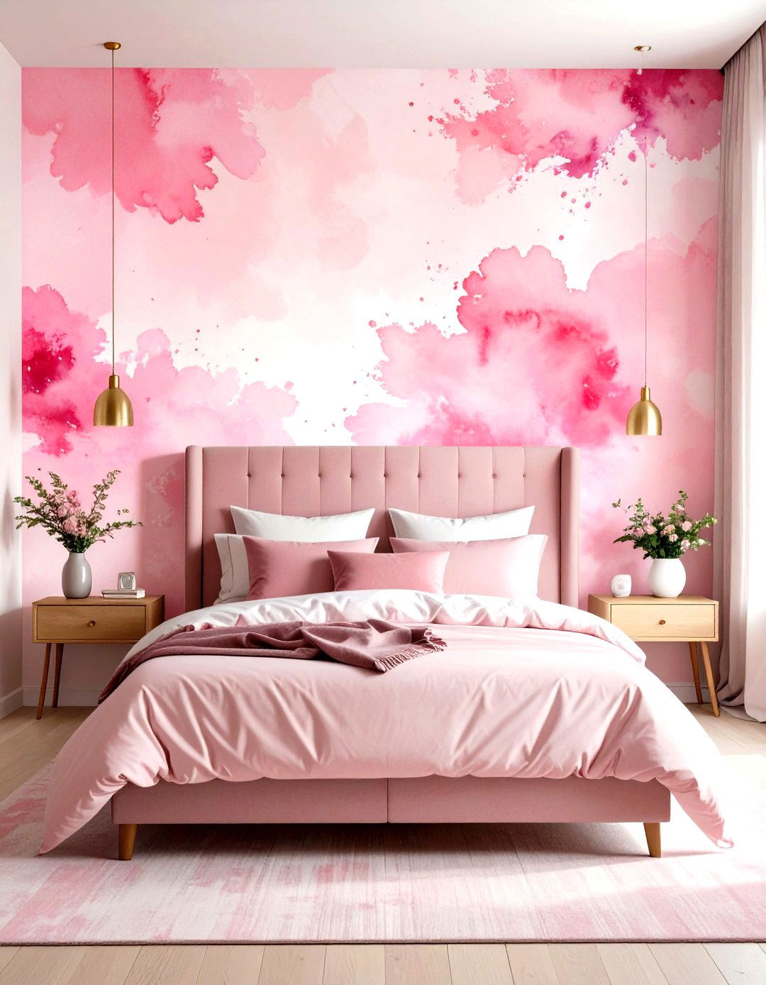 Pink Watercolor Wall Effect - 30 pink bedroom ideas