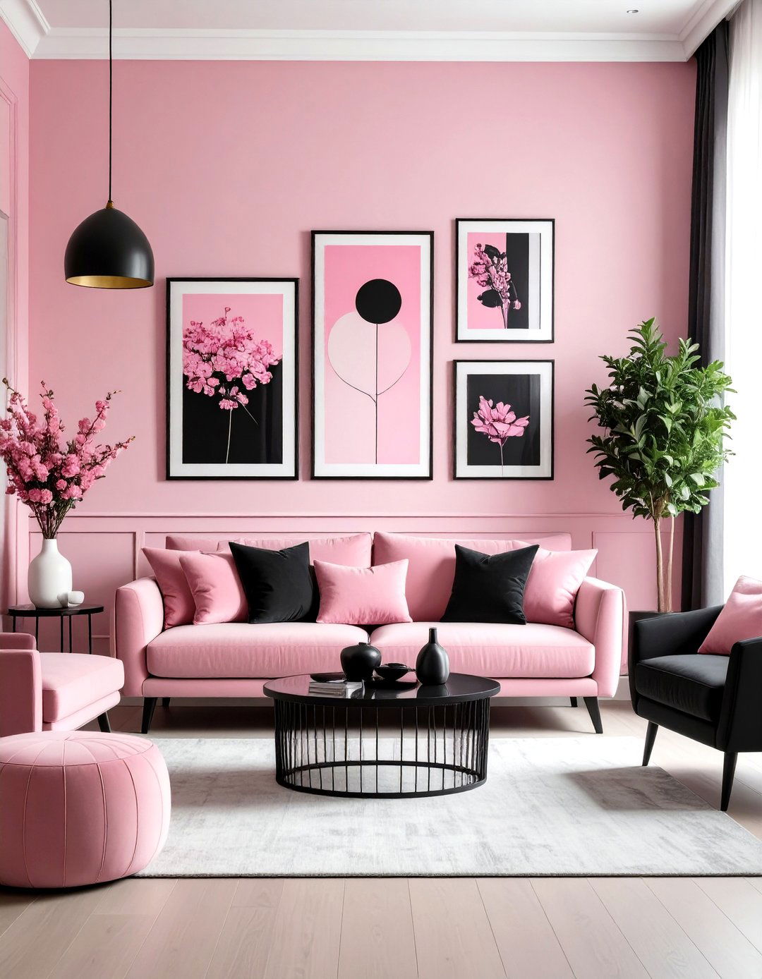 Pink and Black Modern Art Prints - 30 pink living room ideas