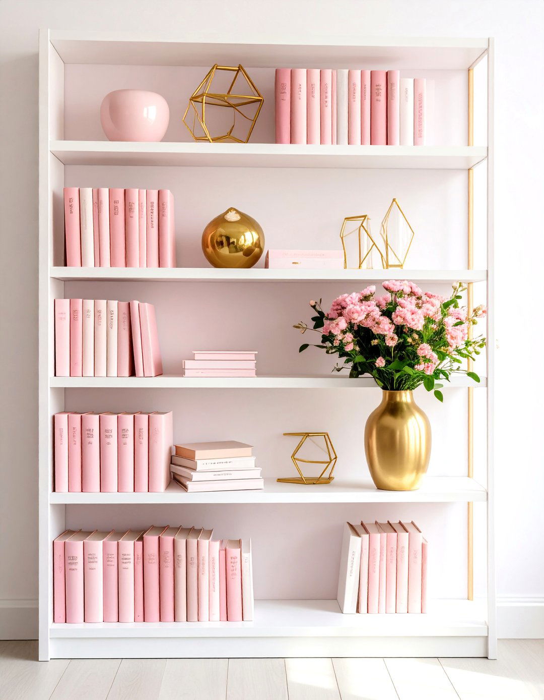Pink and Gold Bookshelf Decor - 30 pink dorm room ideas