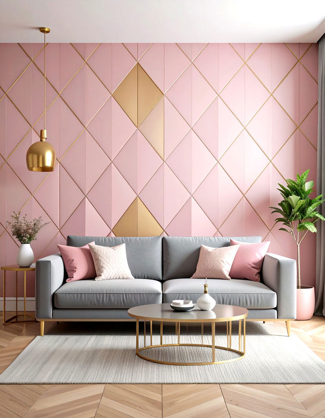 Pink and Gold Geometric Wallpaper - 30 pink living room ideas
