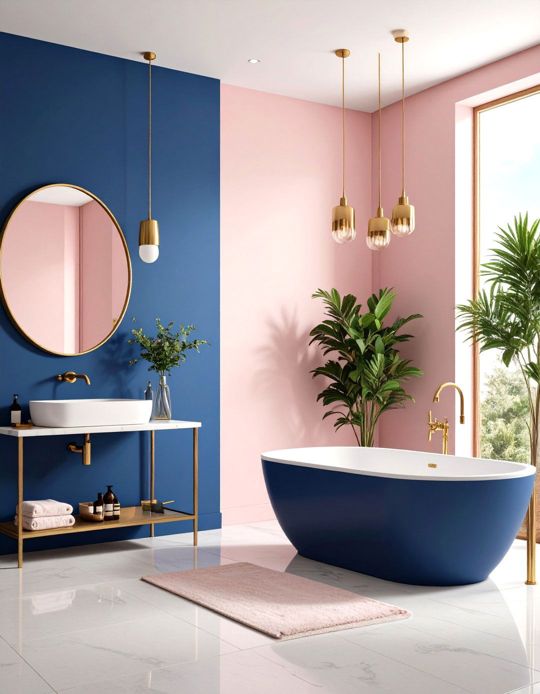 Pink and Navy Blue Contrast - 30 pink bathroom ideas