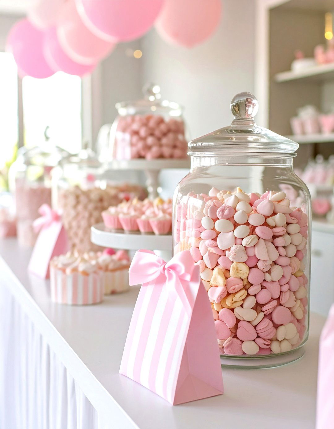 Pink and White Candy Buffet - 30 baby shower food ideas girl