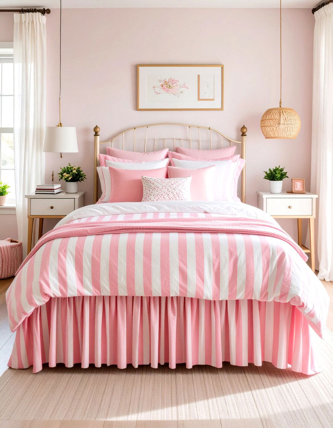 Pink and White Striped Bed Skirt - 30 pink dorm room ideas