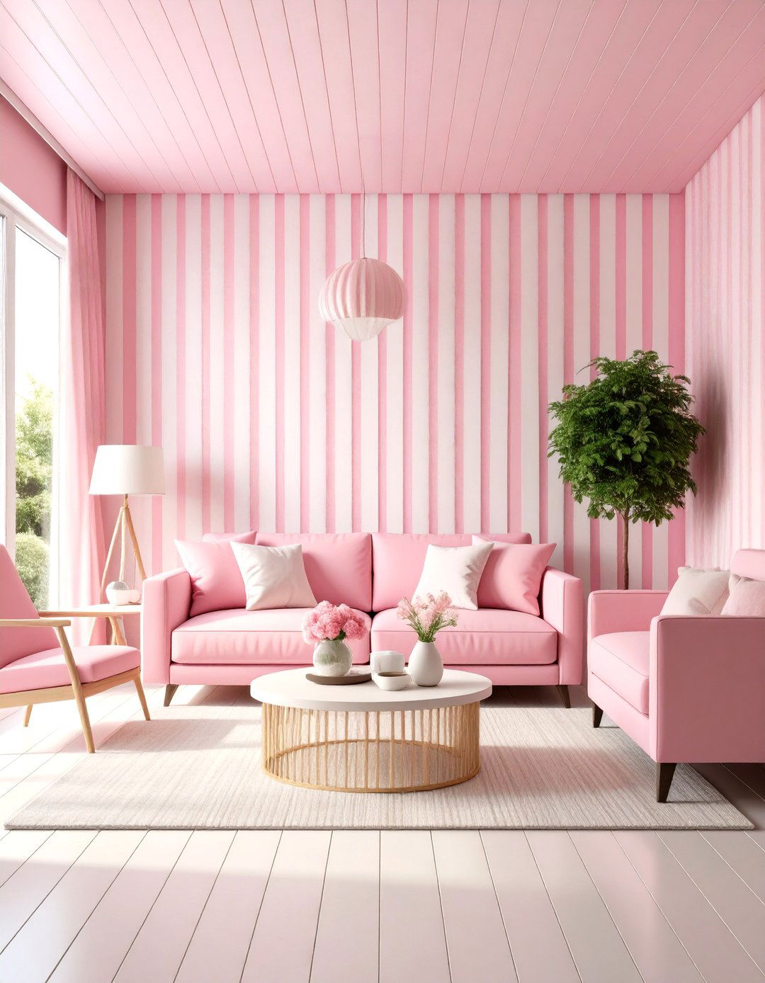 Pink and White Striped Walls - 30 pink living room ideas