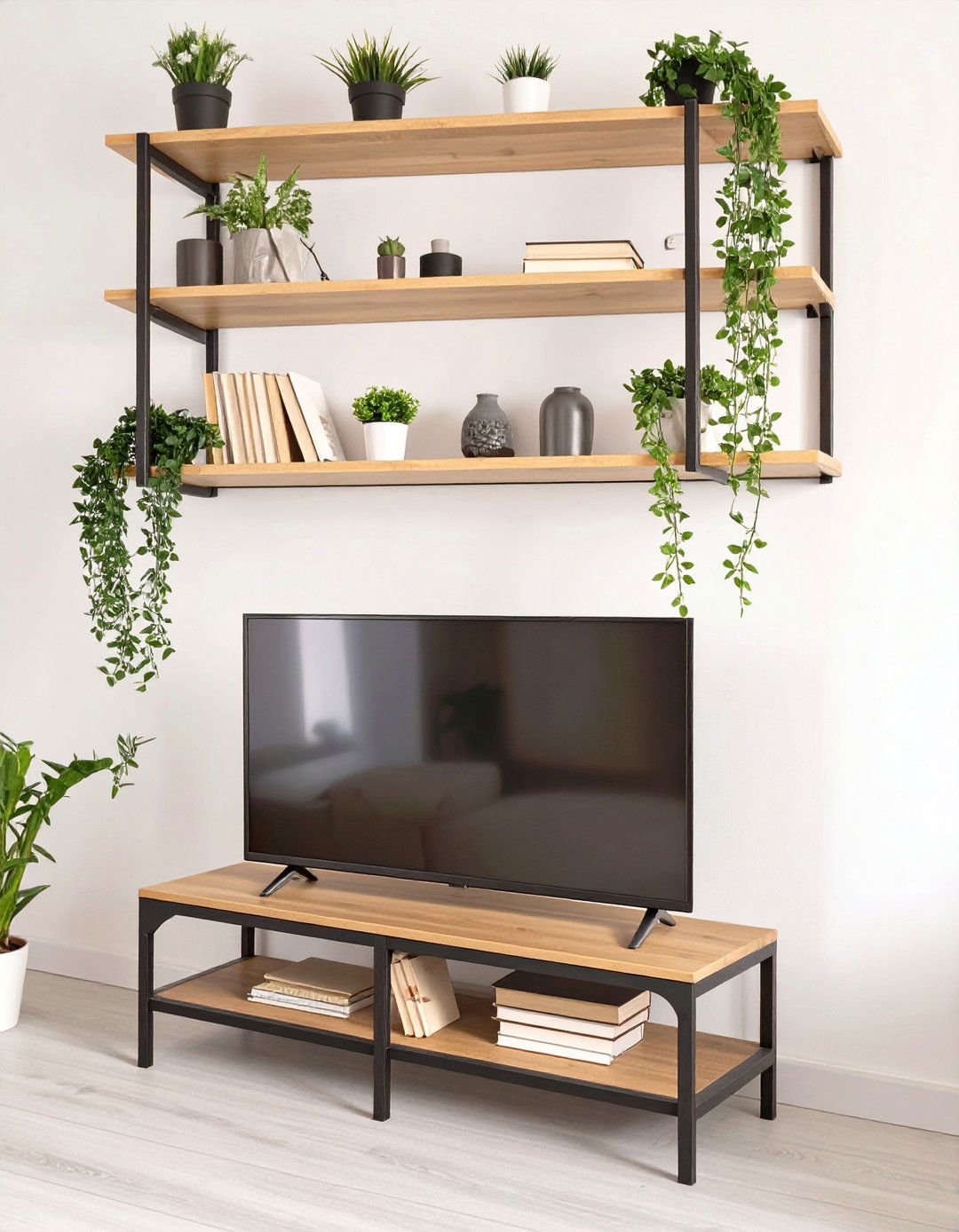 Placing the TV on a Slim Ladder Style Shelf - 30 simple small living room ideas with tv