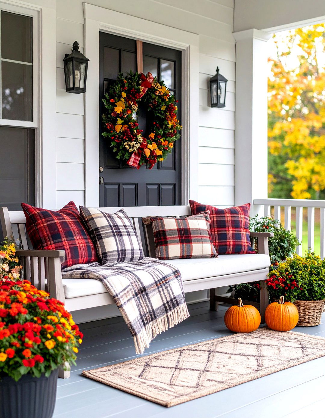 Plaid Accented Front Porch - 30 front porch fall decorating ideas