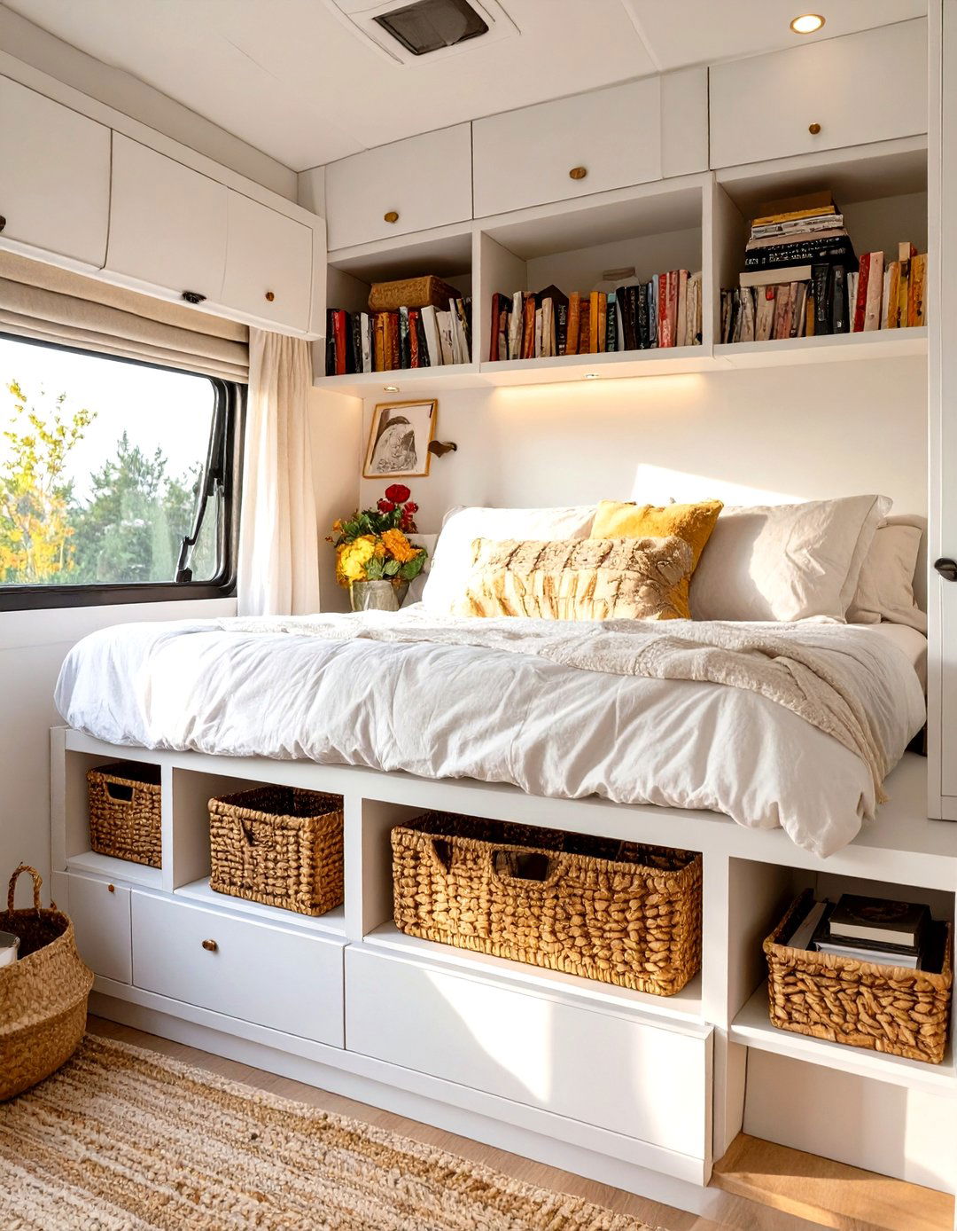 Platform Bed with Storage Cubbies - 30 small rv bedroom ideas