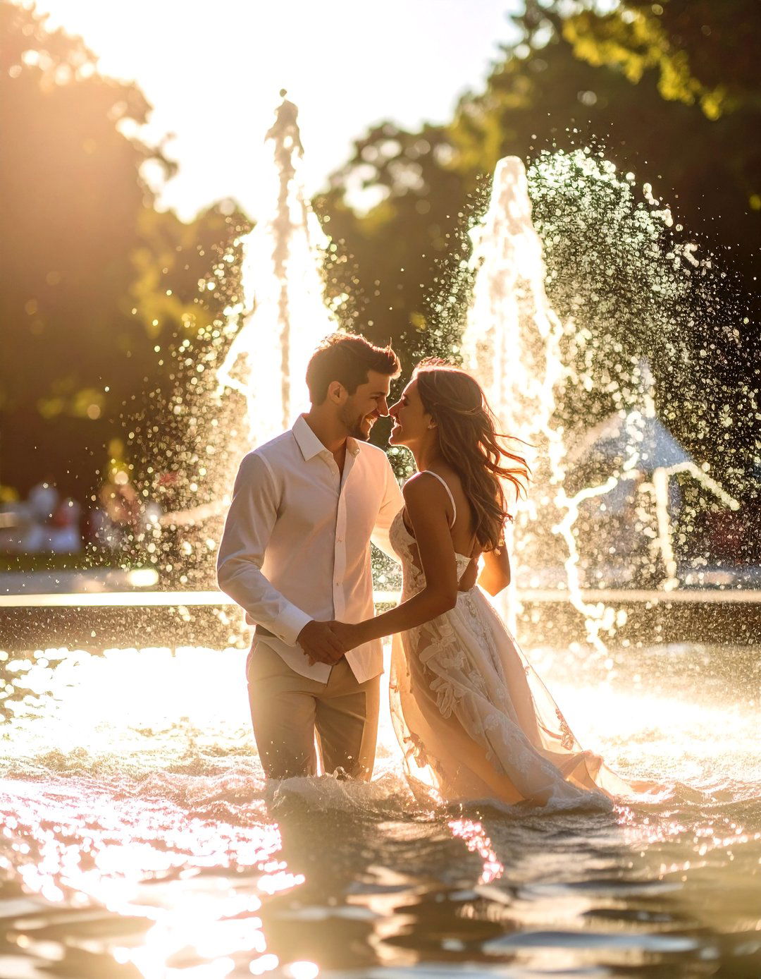 Playful Fountain Splashing - 30 outdoor engagement photo ideas