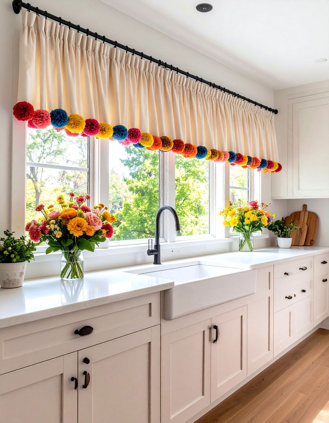 Playful Pom Pom Trimmed Cafe Curtains - 30 kitchen curtain ideas above sink
