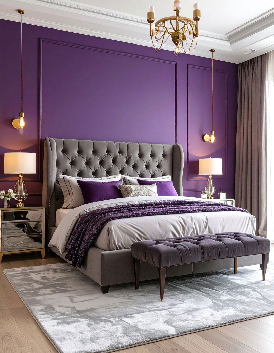 Plum Purple Accent Wall in a Glamorous Bedroom - 30 accent wall color ideas