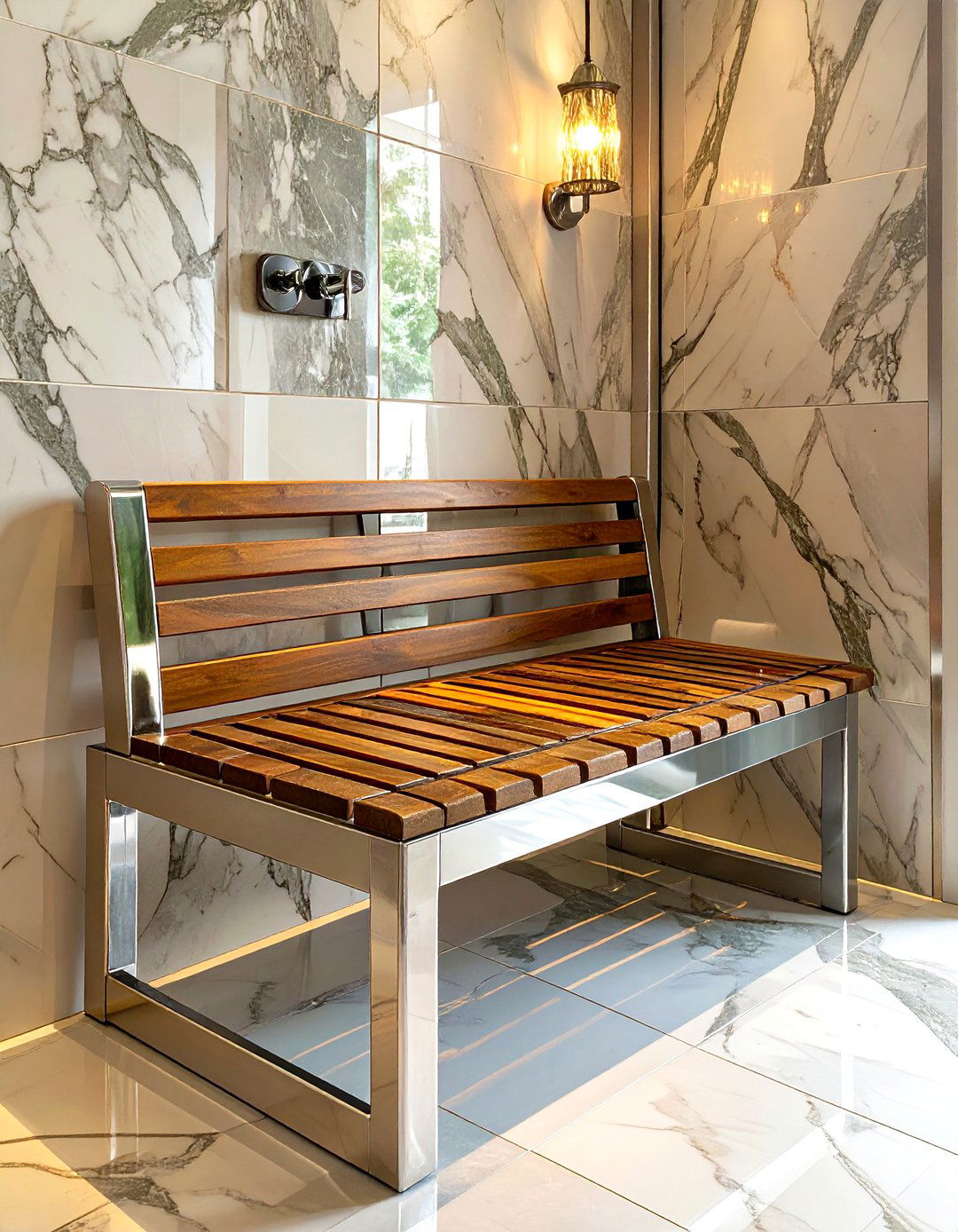 Polished Chrome and Teak Shower Bench - 30 shower bench ideas