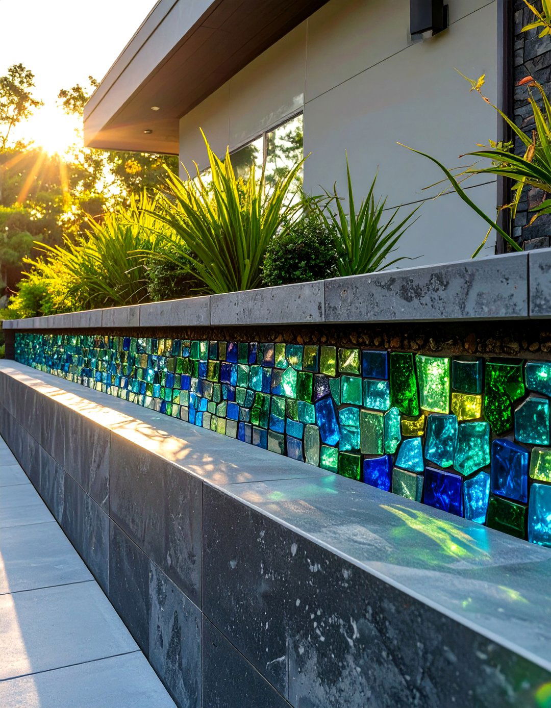 Polished Concrete Retaining Wall with Inlays - 30 backyard retaining wall ideas