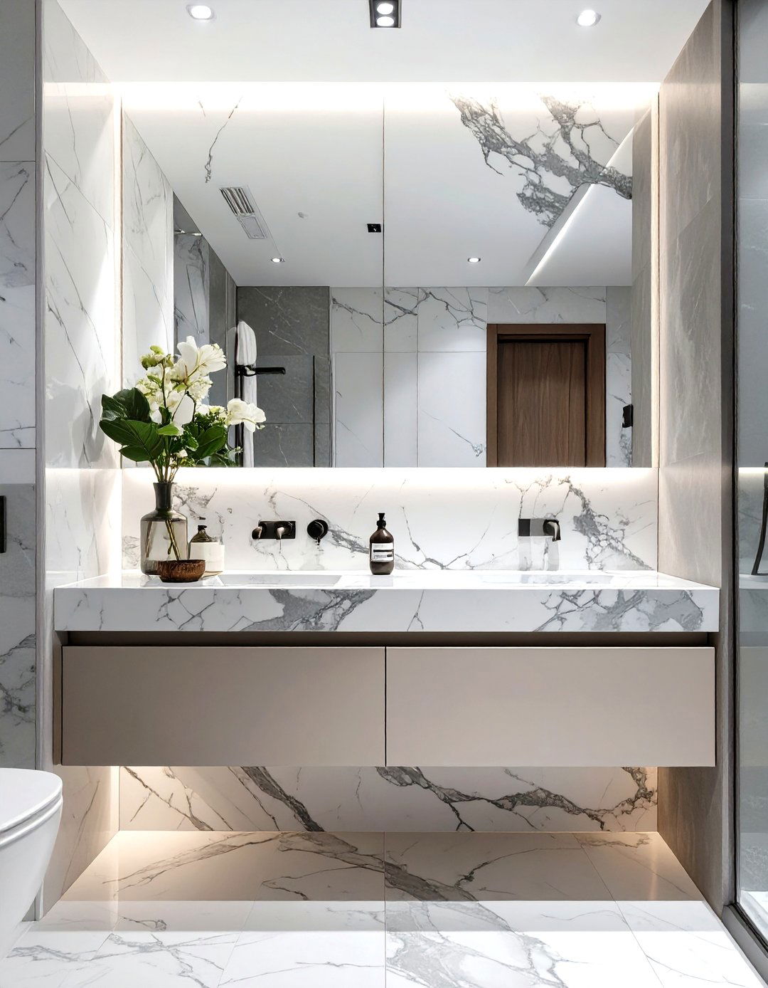 Polished Marble Slab Accent Wall - 30 small bathroom accent wall ideas